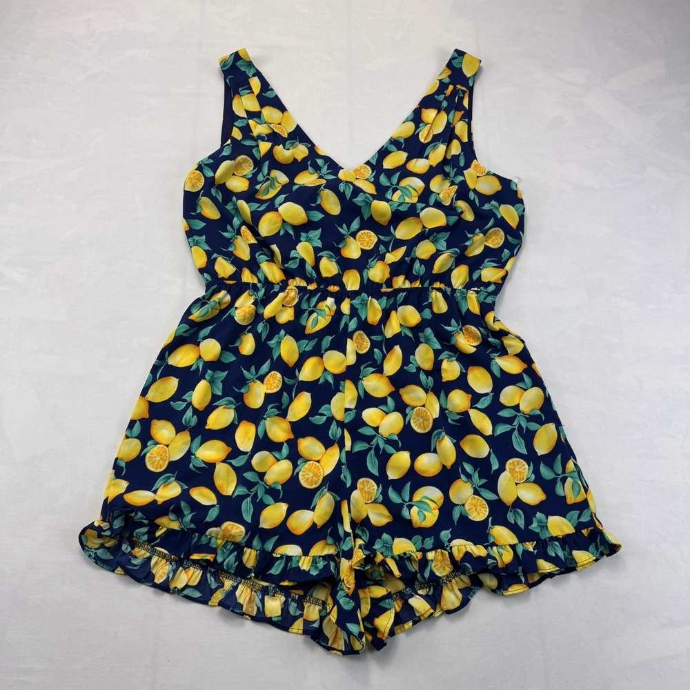 Francesca's Blue Rain Blue Lemon Print Ruffle Hem Romper w/Cutout Back Medium